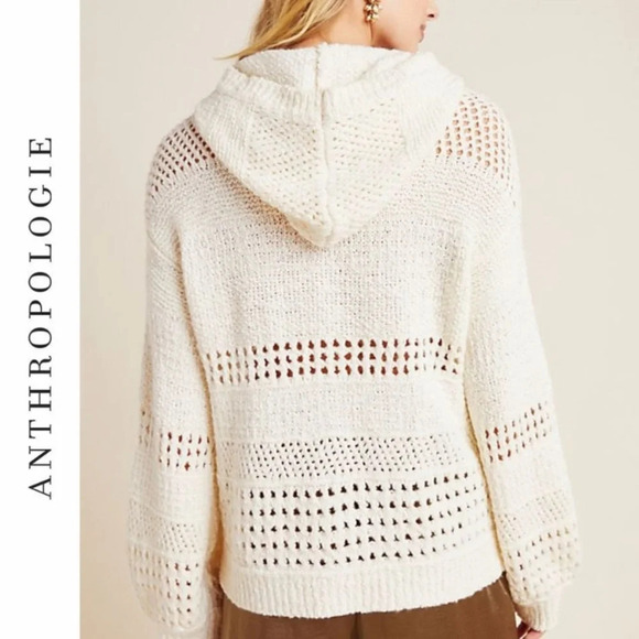 Anthropologie Wool Alpaca Oversized Pointelle Knit Hooded Sweater Balloon Sleeve - Picture 8 of 8